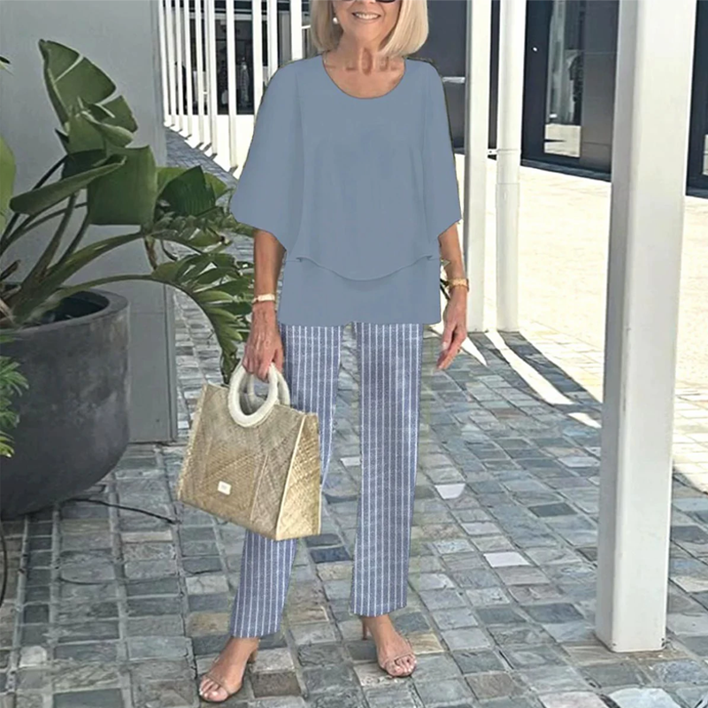 Shirley™ – Vaevatu Prinditud Püksikomplekt Klassikalise Ümarakaelusega Ülemisega