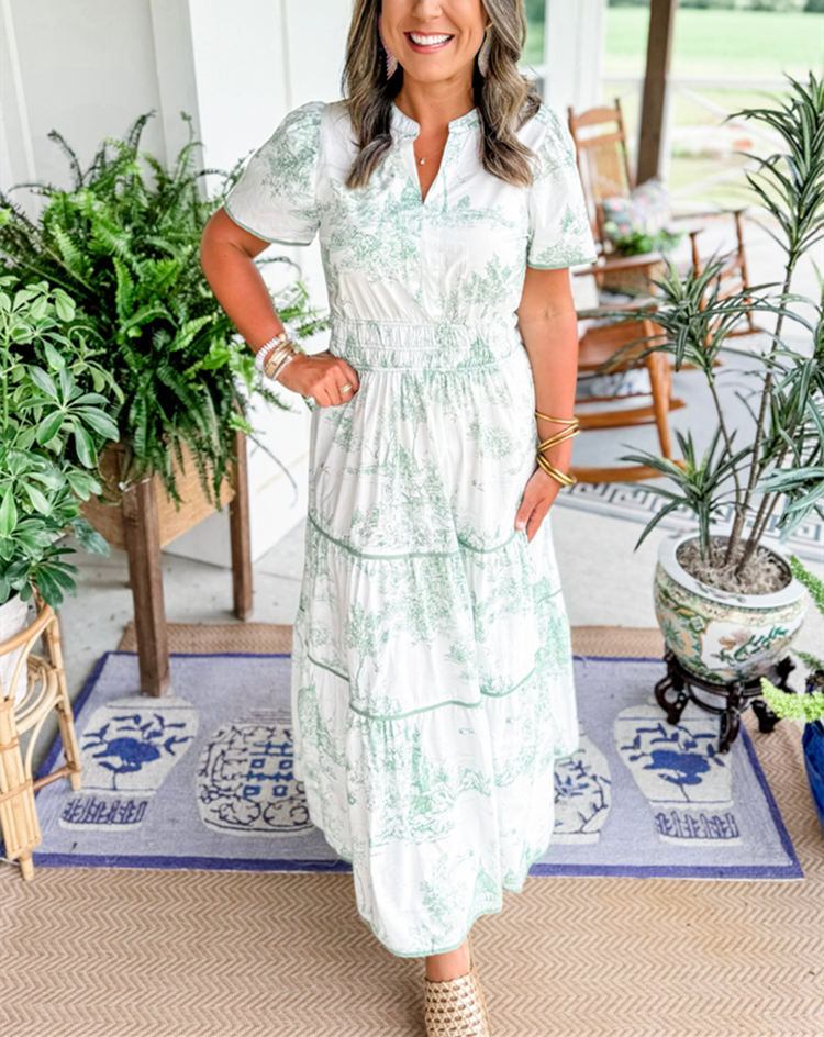 Alexia™ – Vintage Toile Print Maxi Kleit Lihtsaks Elegantsiks