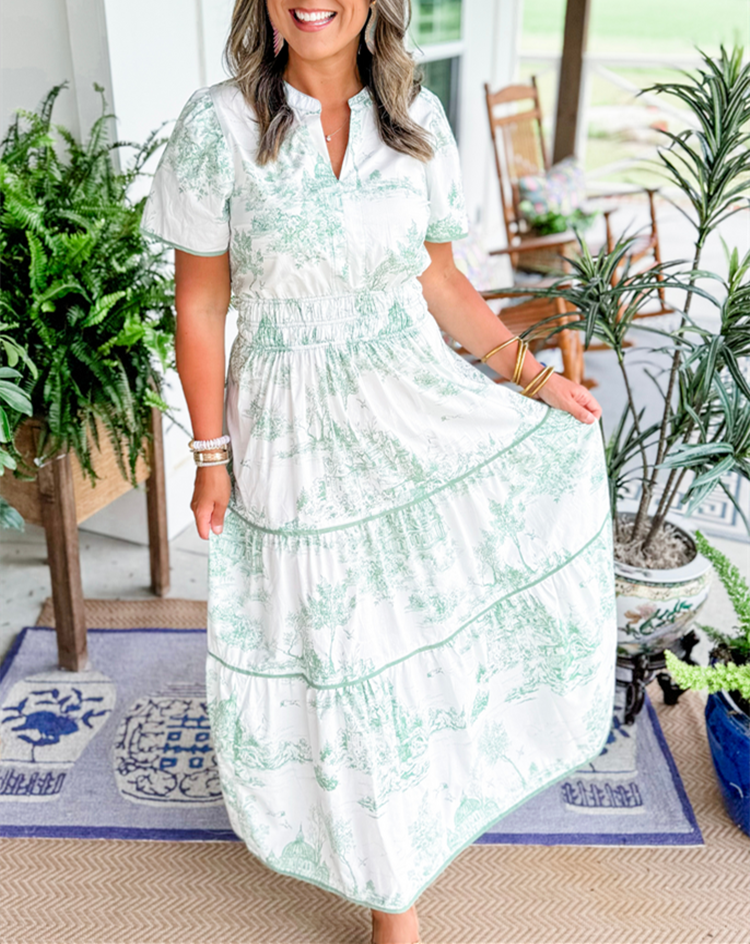 Alexia™ – Vintage Toile Print Maxi Kleit Lihtsaks Elegantsiks