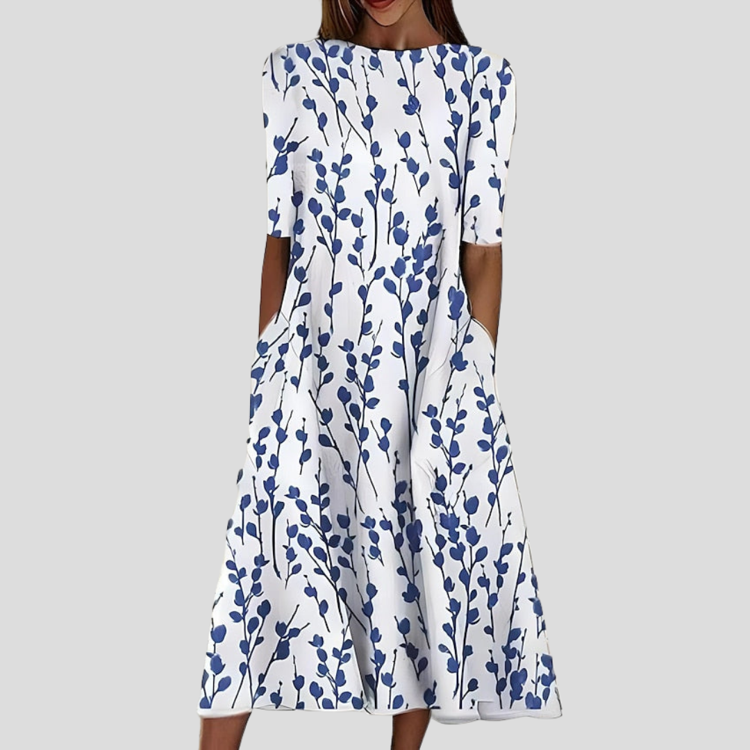 Leigh™ – Rannaline midi kleit lillemustriga ja klassikalise ümmarguse kaelusega