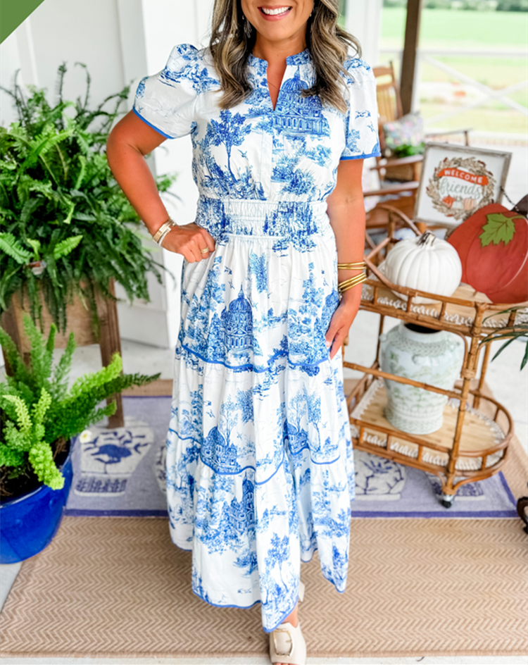Alexia™ – Vintage Toile Print Maxi Kleit Lihtsaks Elegantsiks