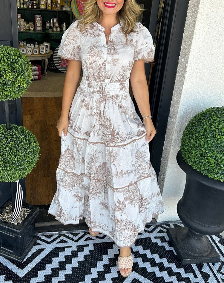 Alexia™ – Vintage Toile Print Maxi Kleit Lihtsaks Elegantsiks