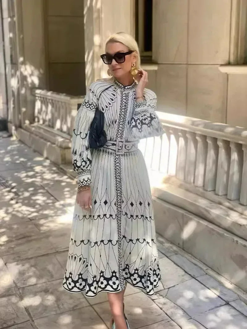 Eulalia - Retro Kõrge Kaelusega Boho Kleid
