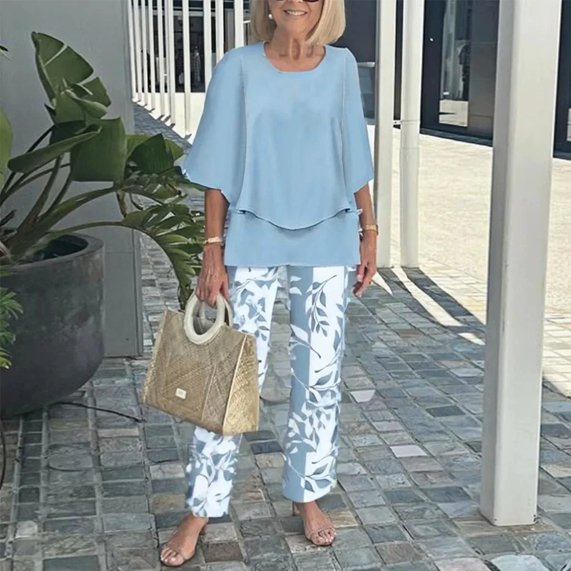 Shirley™ – Vaevatu Prinditud Püksikomplekt Klassikalise Ümarakaelusega Ülemisega