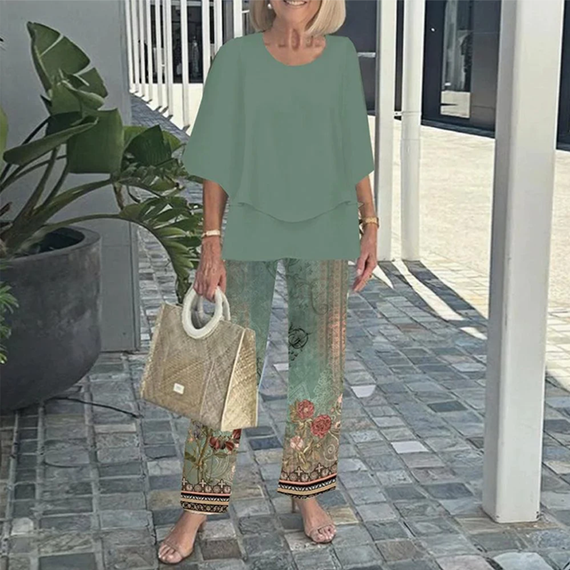 Shirley™ – Vaevatu Prinditud Püksikomplekt Klassikalise Ümarakaelusega Ülemisega