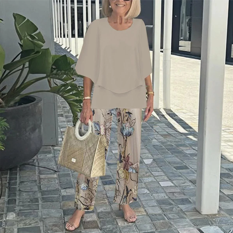 Shirley™ – Vaevatu Prinditud Püksikomplekt Klassikalise Ümarakaelusega Ülemisega