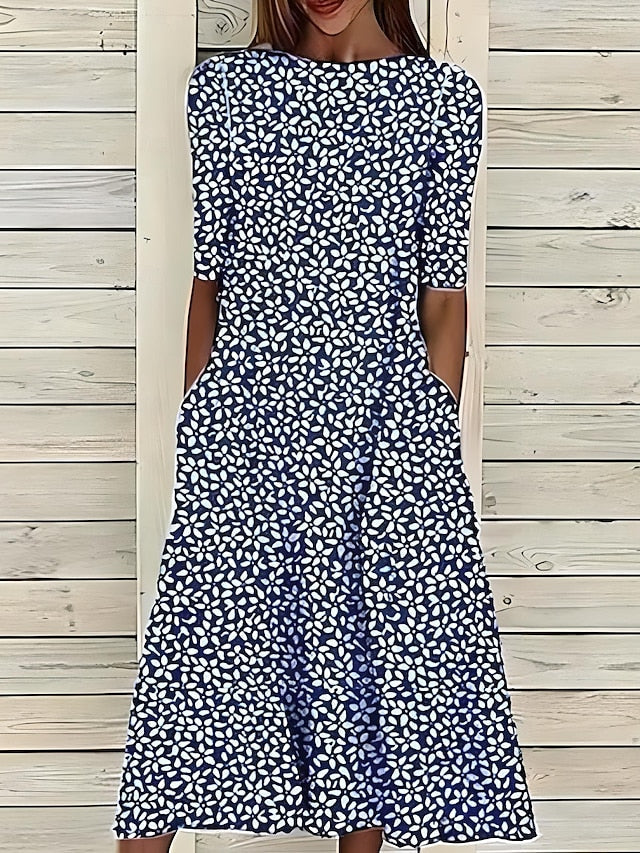 Leigh™ – Rannaline midi kleit lillemustriga ja klassikalise ümmarguse kaelusega